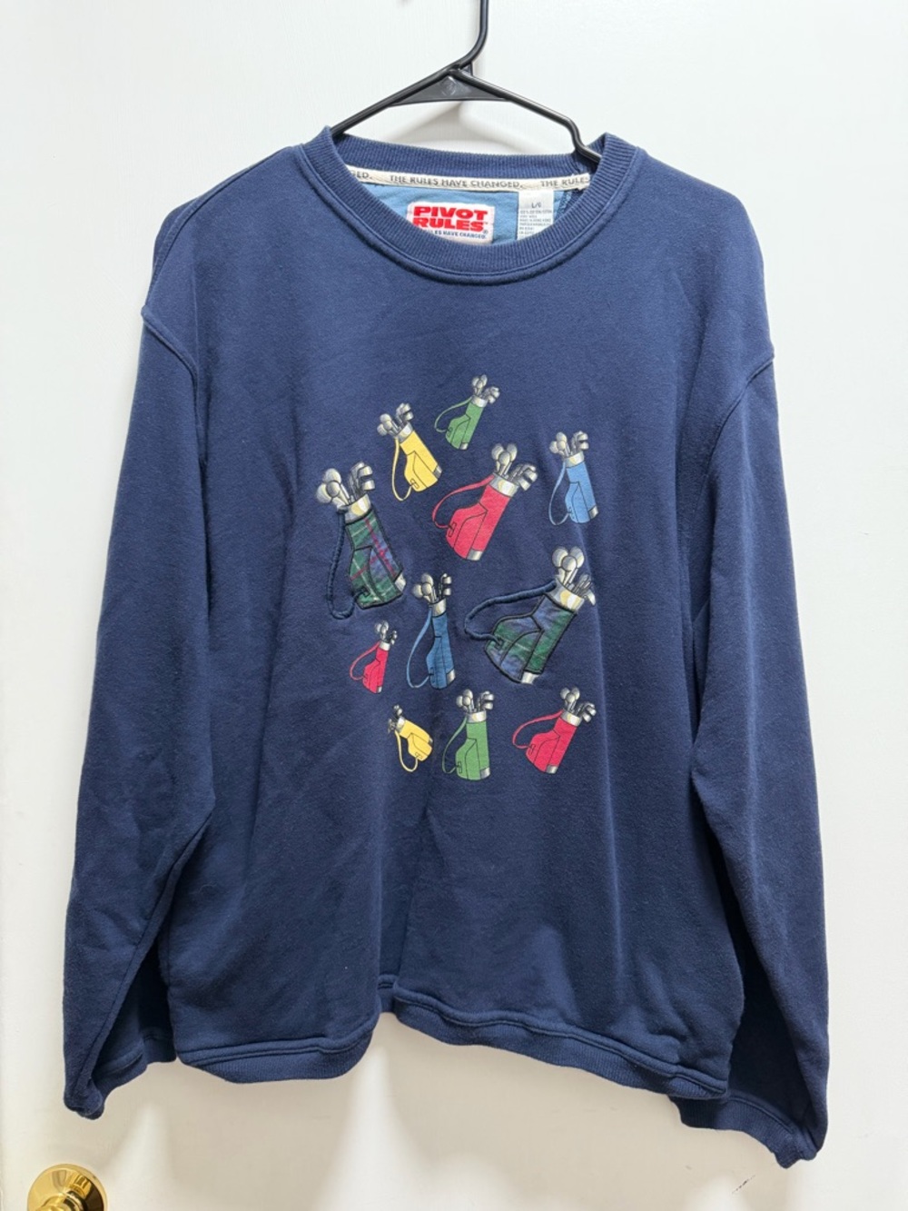 Pivot Rules VTG Knit Golf Clubs Bags Pullover Sweater Sz L 100% Cotton Embroider